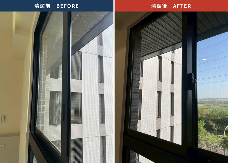 次臥玻璃窗清潔前後