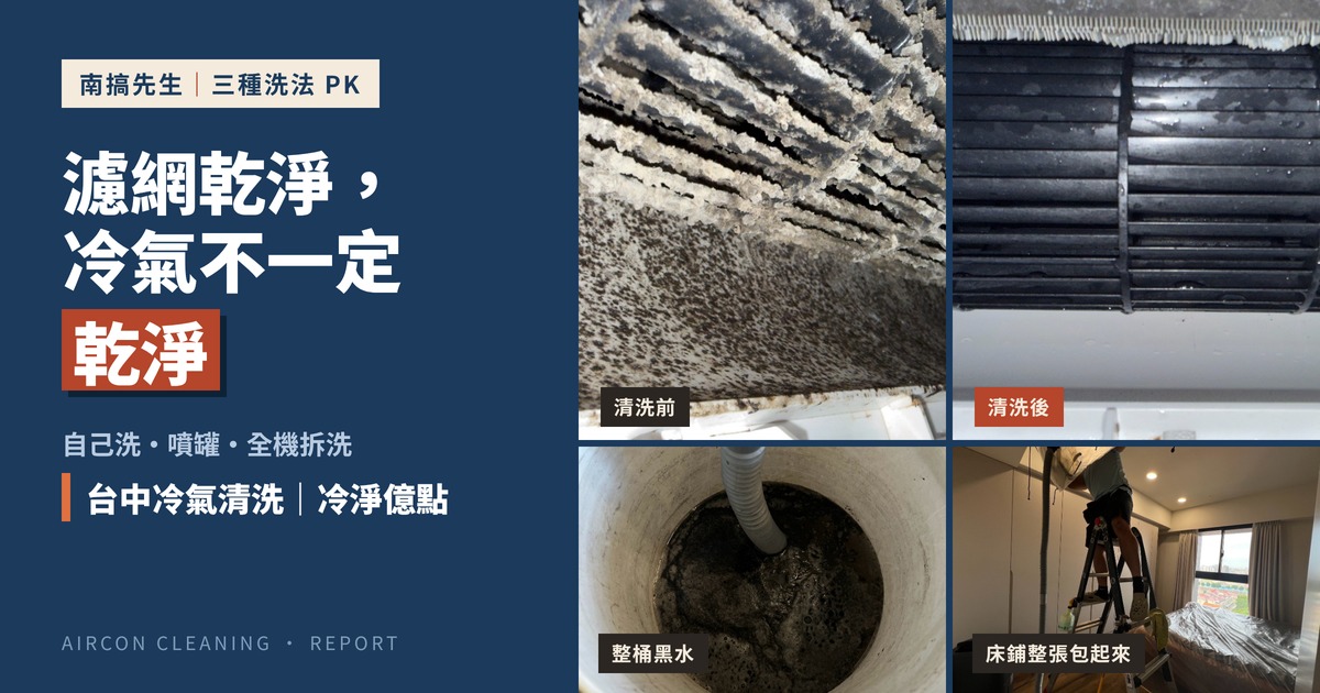 台中冷氣清洗封面：冷淨億點風鼓清洗前後對比與整桶廢水